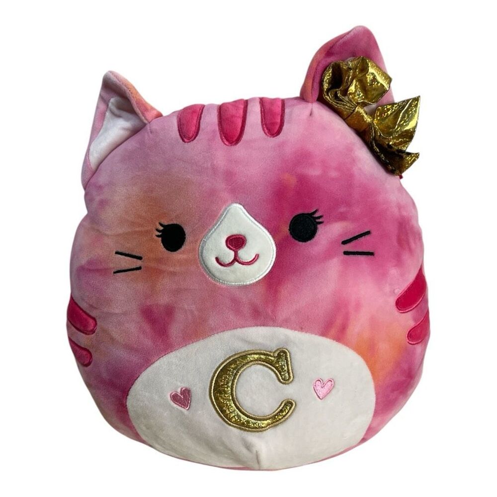 Squishmallows Claudella 12" Cat Plush Pink Tie Dye Monogram C Gold Bow Pillow